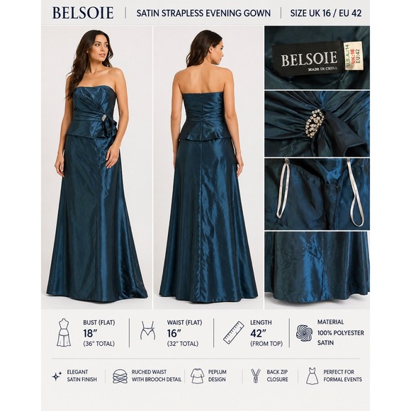 Belsoie Dresses & Skirts - Belsoie Strapless Teal Satin Peplum Evening Gown Sz‎ 14